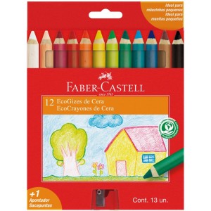 Giz de Cera 12 Cores Corpo de Madeira + 1 Apontador Faber Castell