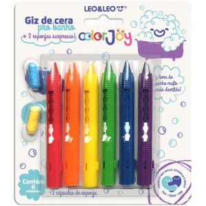 Giz de Cera 6 Cores Retrátil de Banho + 2 Esponjas Color Joy Leo e Leo